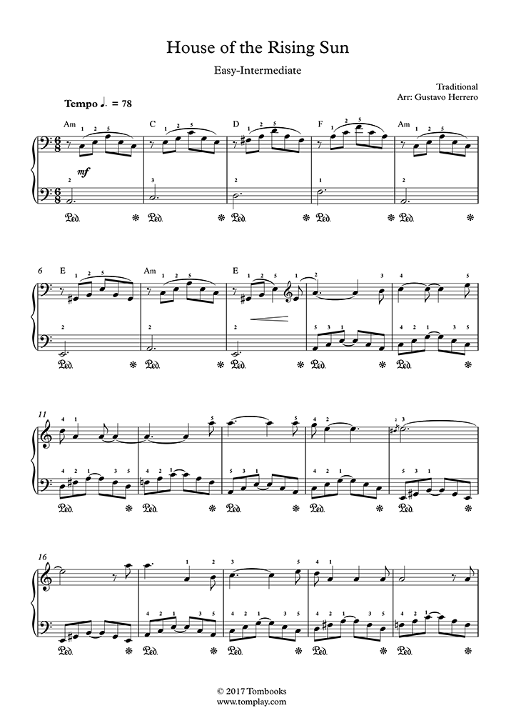 Free Sheet Music Traditional Piano Version The House Of The Rising Sun Piano Solo